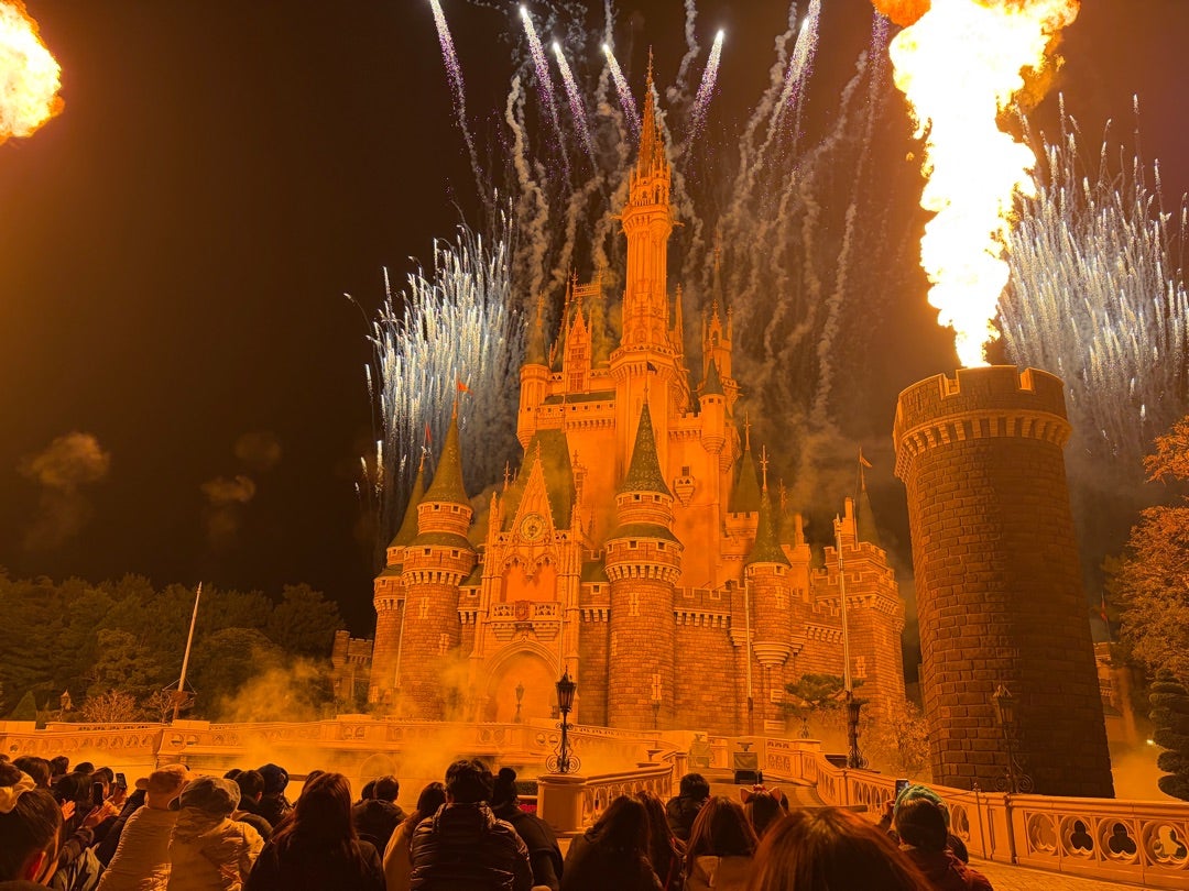 Night show with flame effects at Tokyo Disneyland